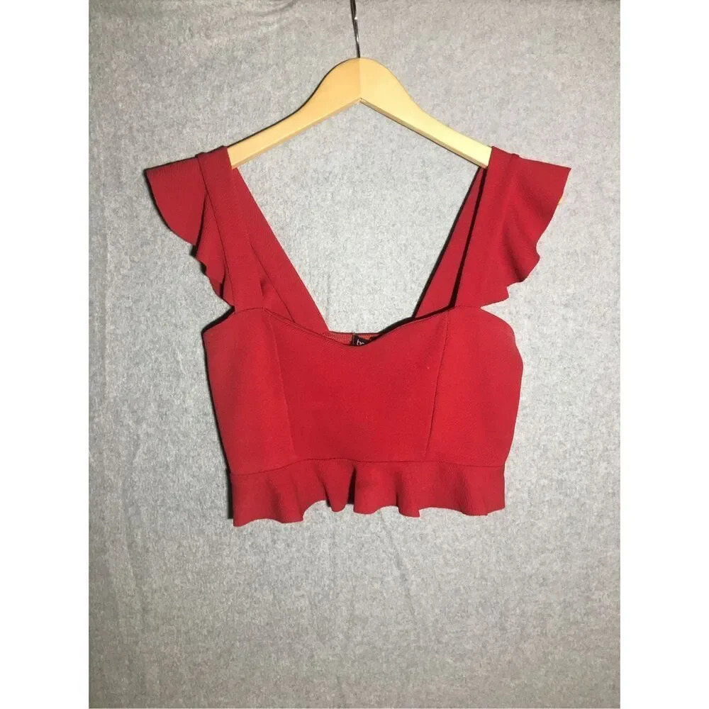 Womens Boohoo Crop Top Valentines Day Ruffle Sleeve Romantic Flattering Red